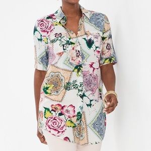 Chico’s Petite Silky Soft Floral Tiles Tunic Multicolor Longline Modal-1/Medium
